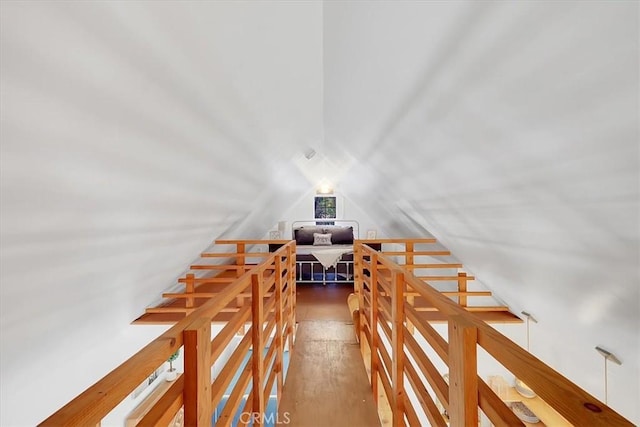 12828 Broyles Trl, Oregon House, CA 95962 - stairway with vaulted ceiling and wood finished floors