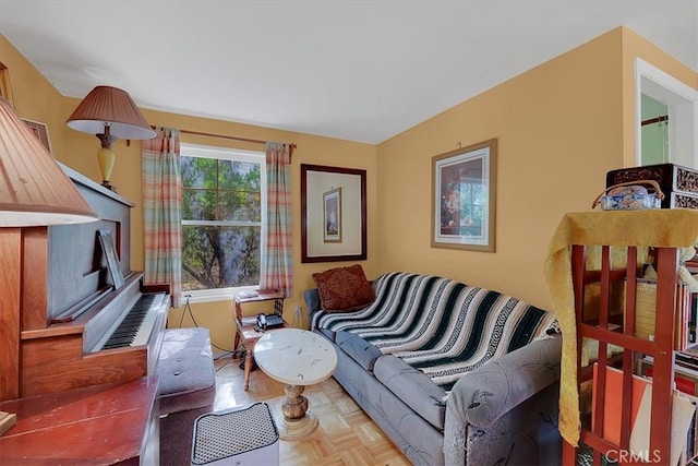 living room with parquet floors