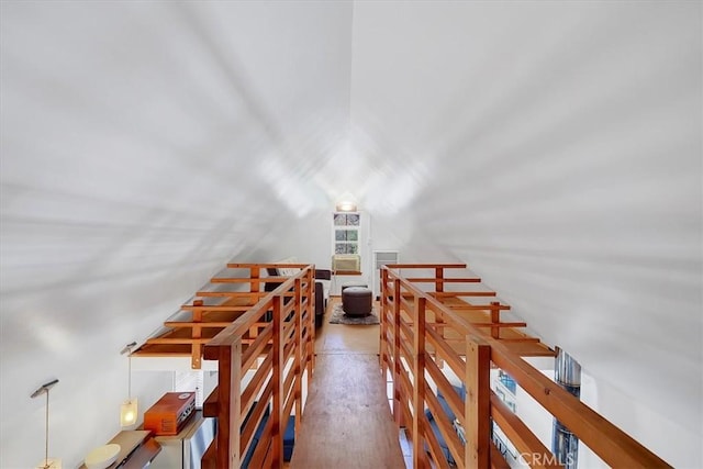 12828 Broyles Trl, Oregon House, CA 95962 - stairway featuring lofted ceiling and wood finished floors