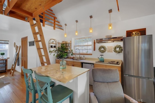 kitchen with a center island, range hood, appliances with stainless steel finishes, and a wealth of natural light