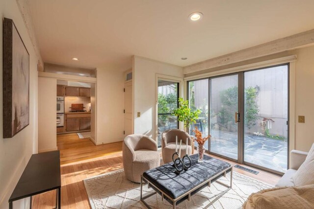 living room with light hardwood / wood-style flooring