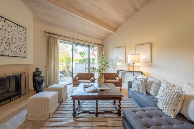 living room with lofted ceiling with beams and wooden ceiling