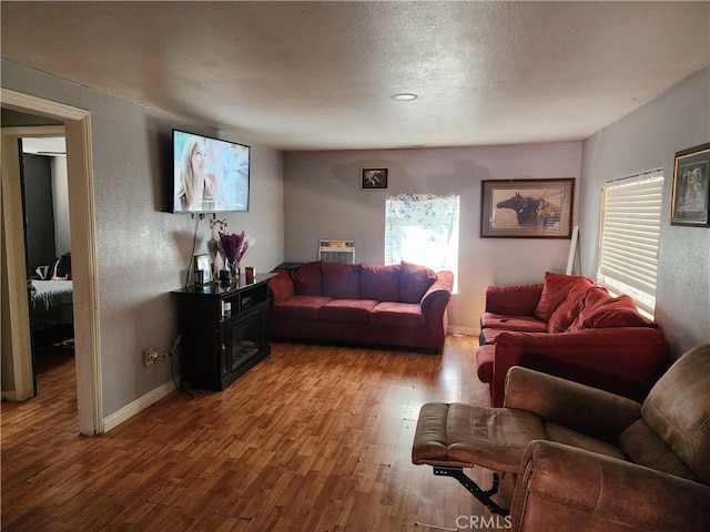 living room featuring hardwood / wood-style flooring and a textured ceiling