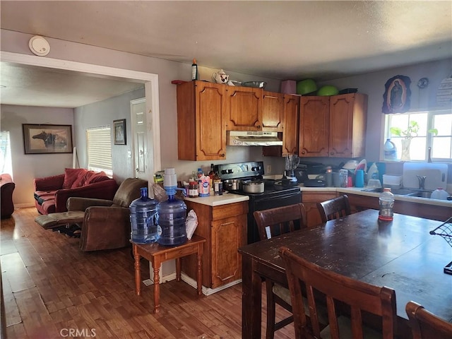 kitchen featuring dark hardwood / wood-style flooring, sink, and range with electric stovetop