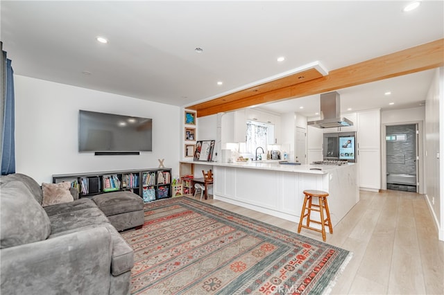 living room with light hardwood / wood-style floors and sink