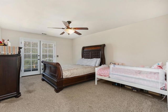 bedroom featuring carpet, access to outside, and ceiling fan