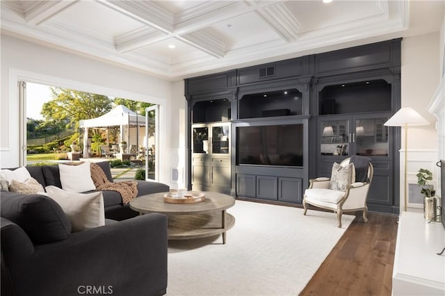 living room featuring beamed ceiling, dark hardwood / wood-style flooring, crown molding, and coffered ceiling