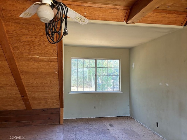 spare room featuring ceiling fan, beam ceiling, and wood ceiling