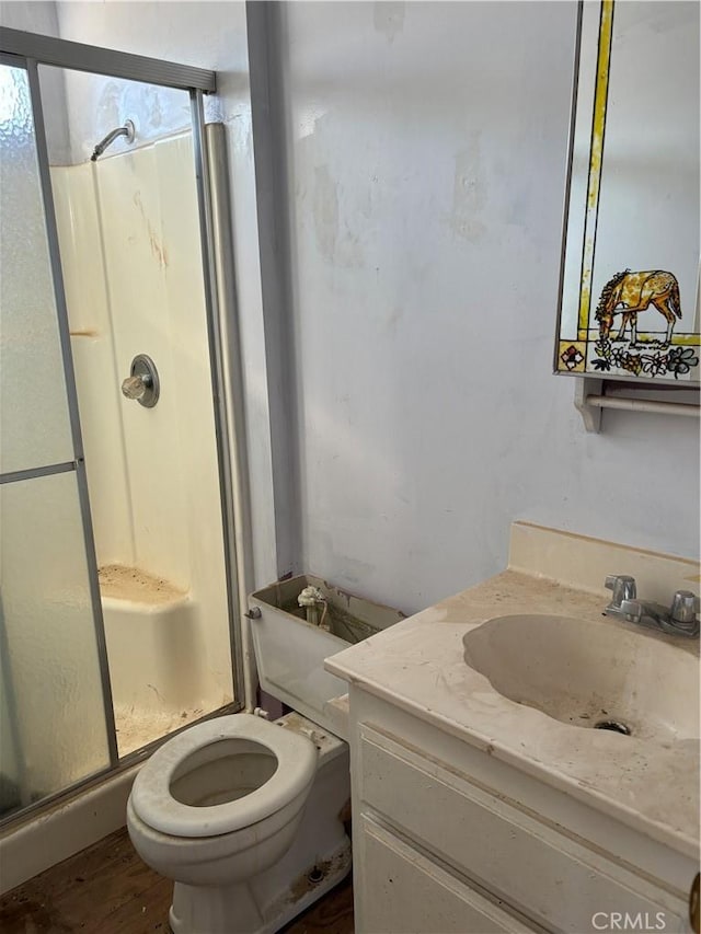 bathroom featuring vanity, toilet, and an enclosed shower