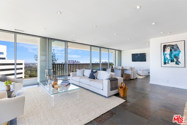 living room with a wall of windows