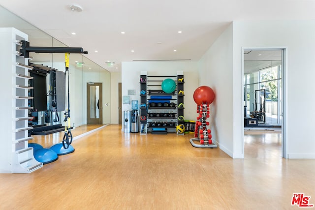 workout area with light hardwood / wood-style flooring