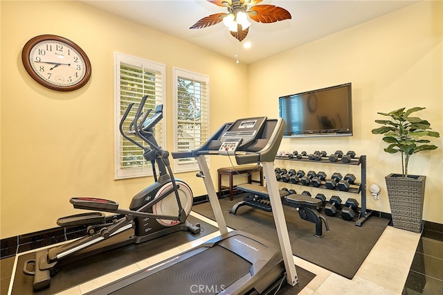 exercise area with ceiling fan