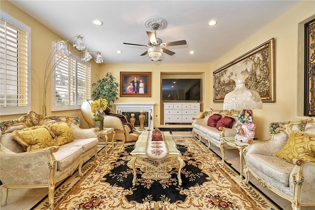 living room with ceiling fan