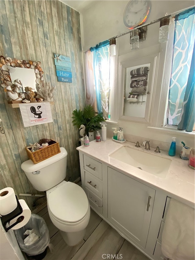 bathroom with vanity, hardwood / wood-style flooring, and toilet