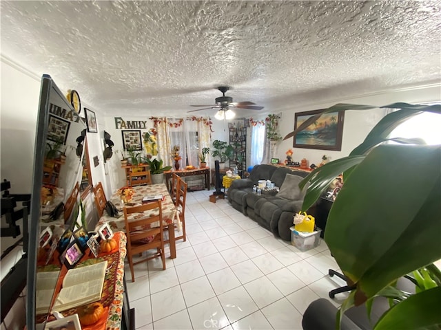 tiled living room featuring a textured ceiling and ceiling fan