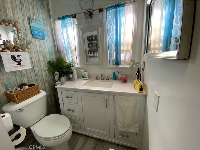 bathroom with toilet, a healthy amount of sunlight, vanity, and wood-type flooring