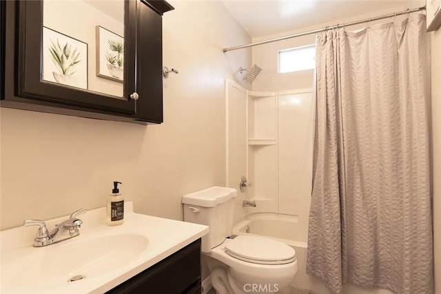 full bathroom featuring vanity, shower / bath combo, and toilet