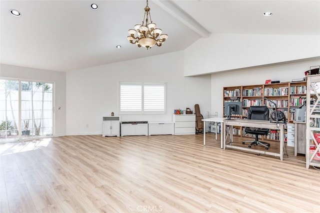 unfurnished office with beam ceiling, light hardwood / wood-style floors, plenty of natural light, and a notable chandelier