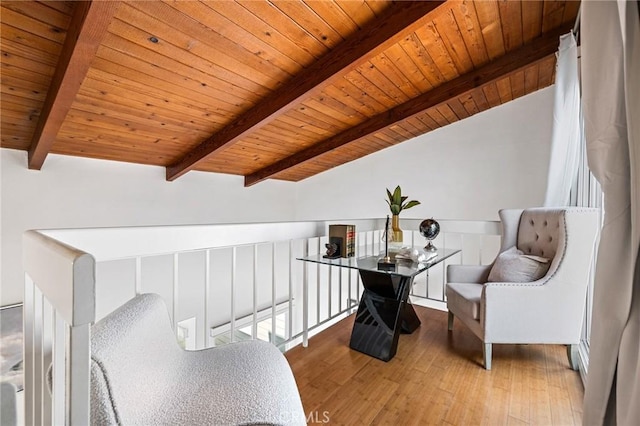 living area with wood ceiling, lofted ceiling with beams, and hardwood / wood-style flooring