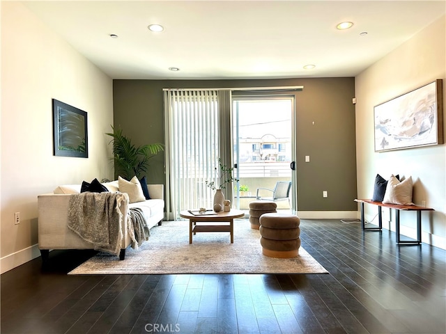 living room featuring dark wood-type flooring