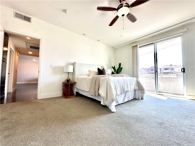 carpeted bedroom with access to outside and ceiling fan