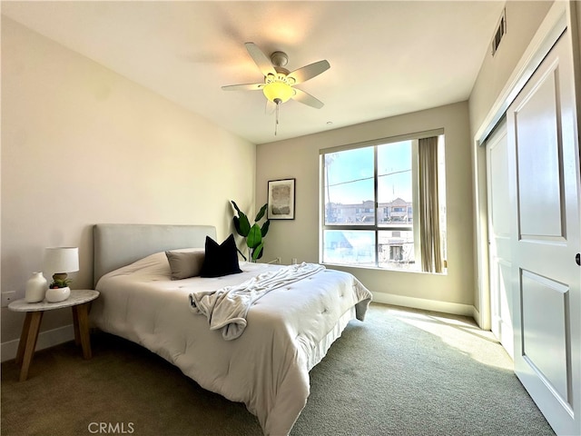 bedroom featuring carpet flooring and ceiling fan