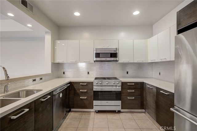 kitchen with sink, white cabinetry, dark brown cabinets, and stainless steel appliances