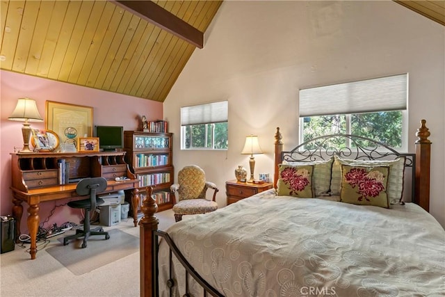 bedroom with wood ceiling, carpet floors, and lofted ceiling with beams