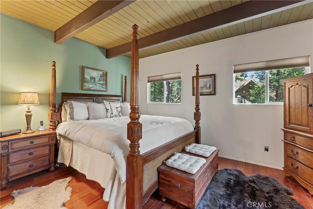 bedroom with wood ceiling, beam ceiling, and dark hardwood / wood-style floors