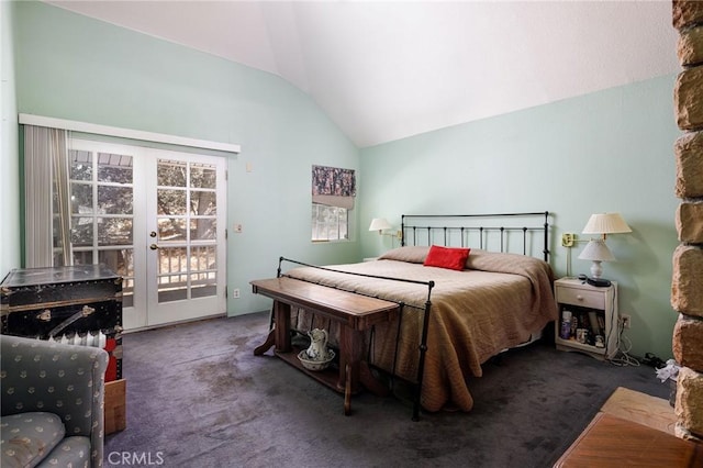 carpeted bedroom with french doors, access to outside, and vaulted ceiling