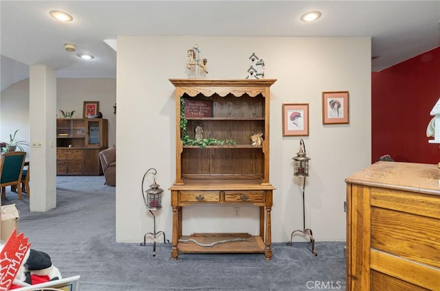 interior space featuring dark carpet