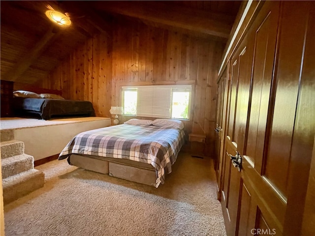 carpeted bedroom featuring wooden ceiling, vaulted ceiling with beams, and wooden walls