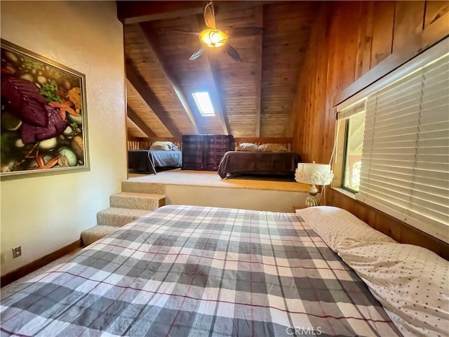 bedroom with ceiling fan, vaulted ceiling with skylight, wood walls, and wooden ceiling