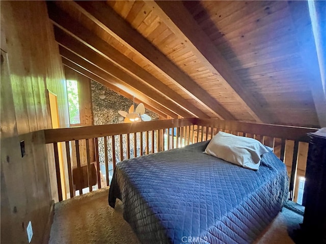 bedroom featuring wooden ceiling and lofted ceiling with beams