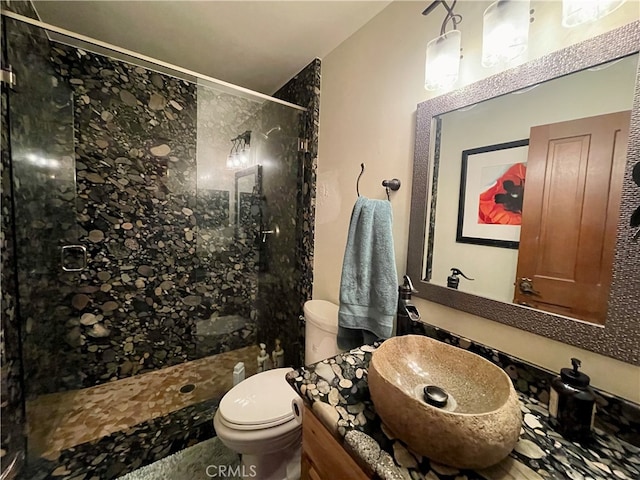 bathroom featuring vanity, toilet, and an enclosed shower