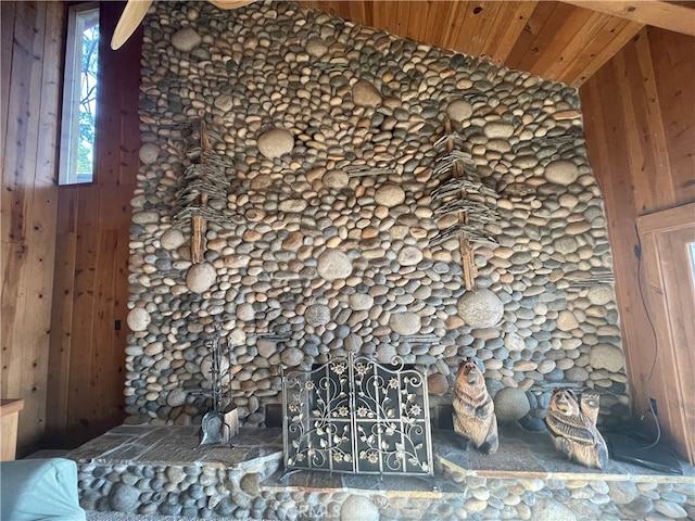 interior details featuring wooden ceiling and wooden walls