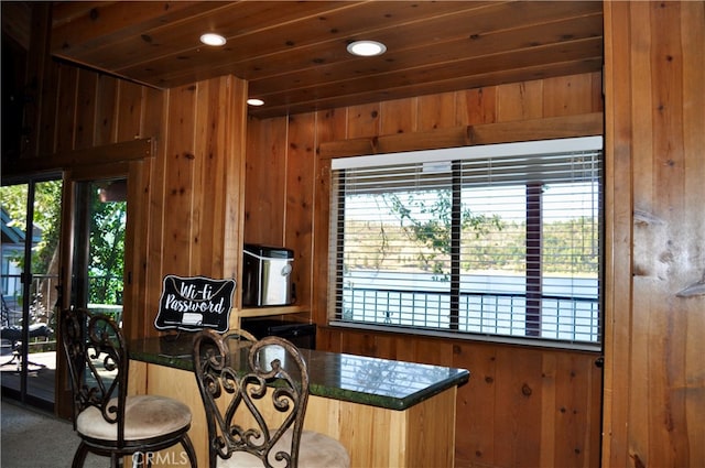 kitchen with wooden walls and wooden ceiling