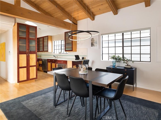 dining area featuring light wood-type flooring, lofted ceiling with beams, plenty of natural light, and wood ceiling