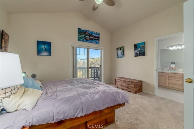 carpeted bedroom featuring ceiling fan, lofted ceiling, access to outside, and ensuite bath