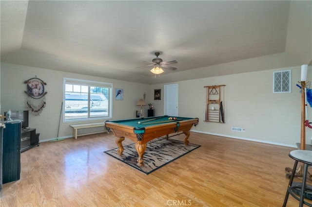 recreation room featuring hardwood / wood-style floors, ceiling fan, and pool table