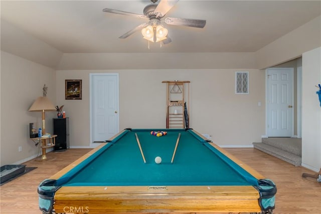 game room with ceiling fan, billiards, and hardwood / wood-style flooring