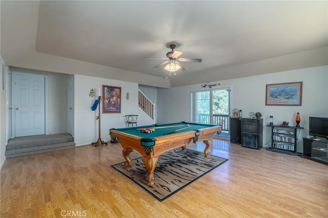 game room featuring ceiling fan, light hardwood / wood-style flooring, and pool table