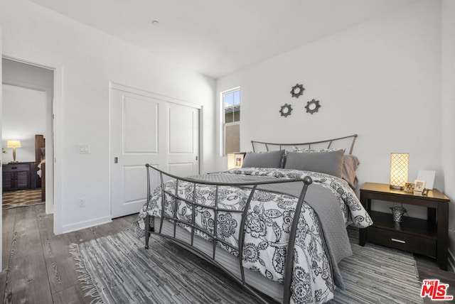 bedroom featuring dark wood-type flooring and a closet