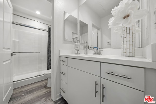 bathroom with hardwood / wood-style flooring, vanity, toilet, and a shower with curtain