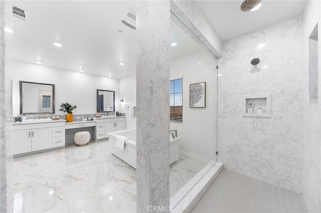 bathroom featuring vanity and plus walk in shower