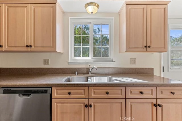 kitchen with light brown cabinetry, a wealth of natural light, dishwasher, and sink