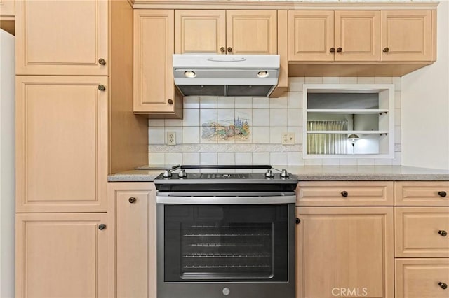 kitchen with decorative backsplash, light brown cabinets, and stainless steel range with electric cooktop