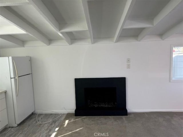 details with white fridge and wood-type flooring