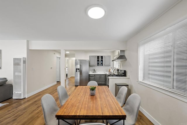 dining room featuring sink and dark hardwood / wood-style flooring