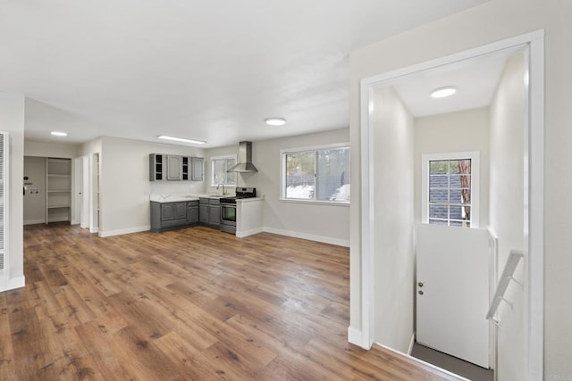 unfurnished living room featuring plenty of natural light, hardwood / wood-style floors, and sink